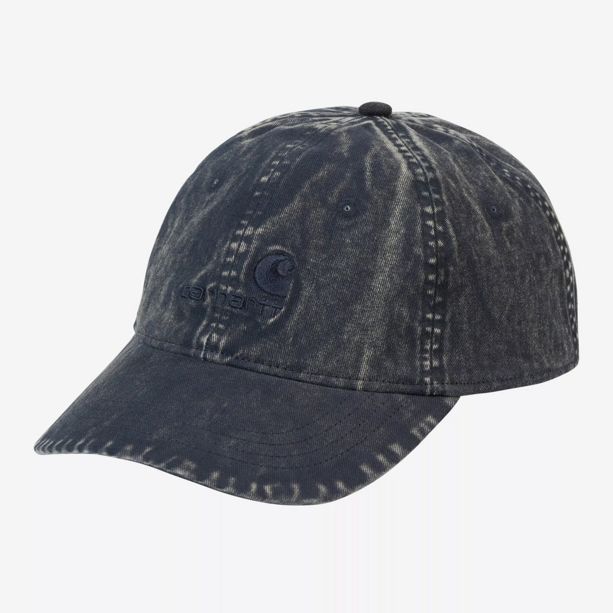 Casquette Lambert Bleu Marine Carhartt WIP - trois-quarts avant, délavage moon wash et logo brodé ton sur ton