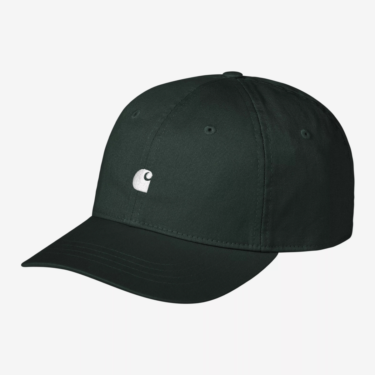 Casquette Madison vert sapin sombre de trois quarts, calotte souple six panneaux et logo C brodé blanc