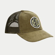 Casquette trucker Pill Cord Olive Deus Ex Machina - vue trois-quarts, velours côtelé et badge rond DEUS brodé