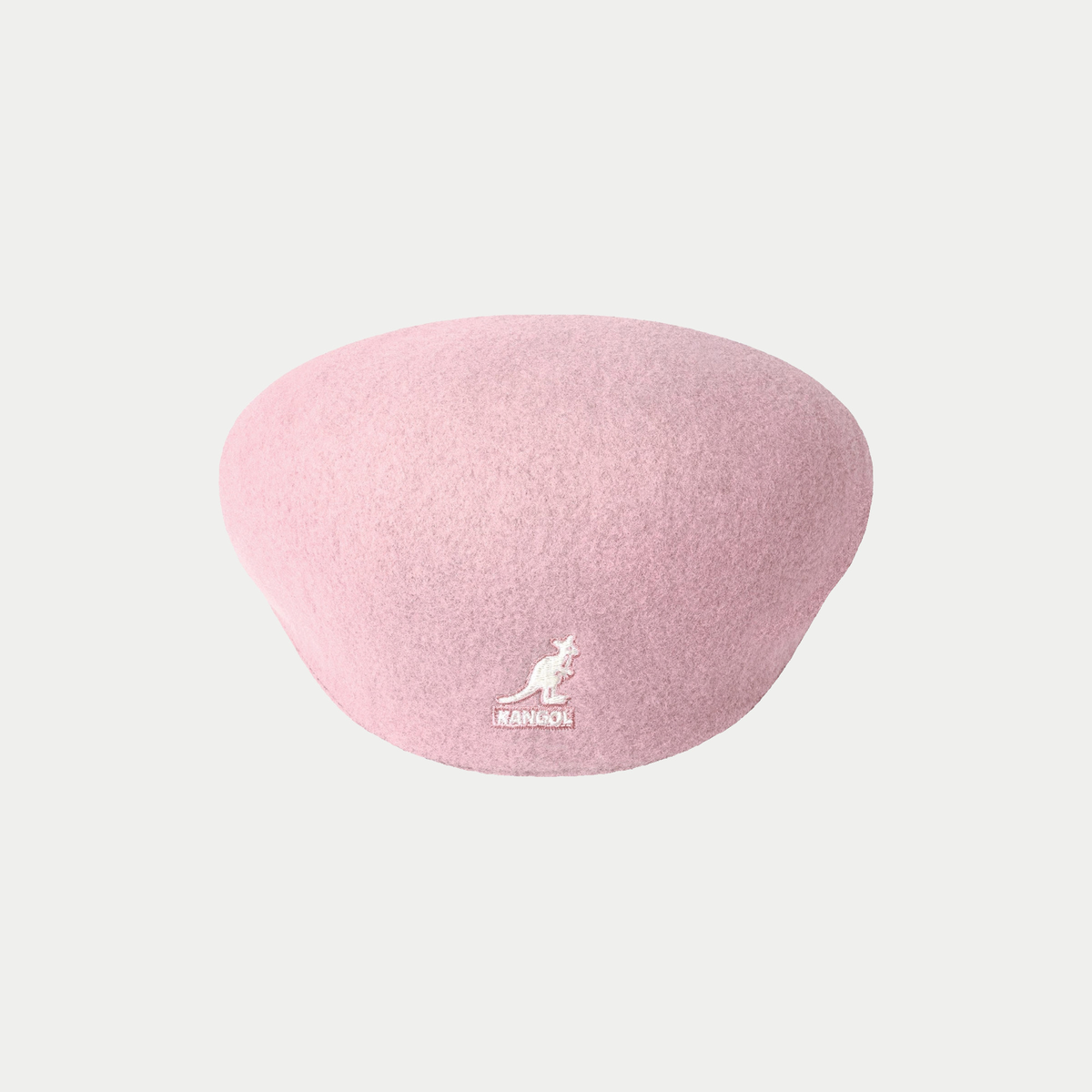 Casquette plate 504 Laine Ballerina Pink Kangol - vue de dos, kangourou brodé ivoire sur la laine rose