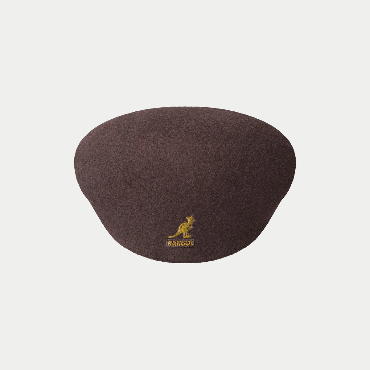 Casquette plate 504 Kangol laine Espresso vue de dos, kangourou brodé doré au centre de la calotte arrondie