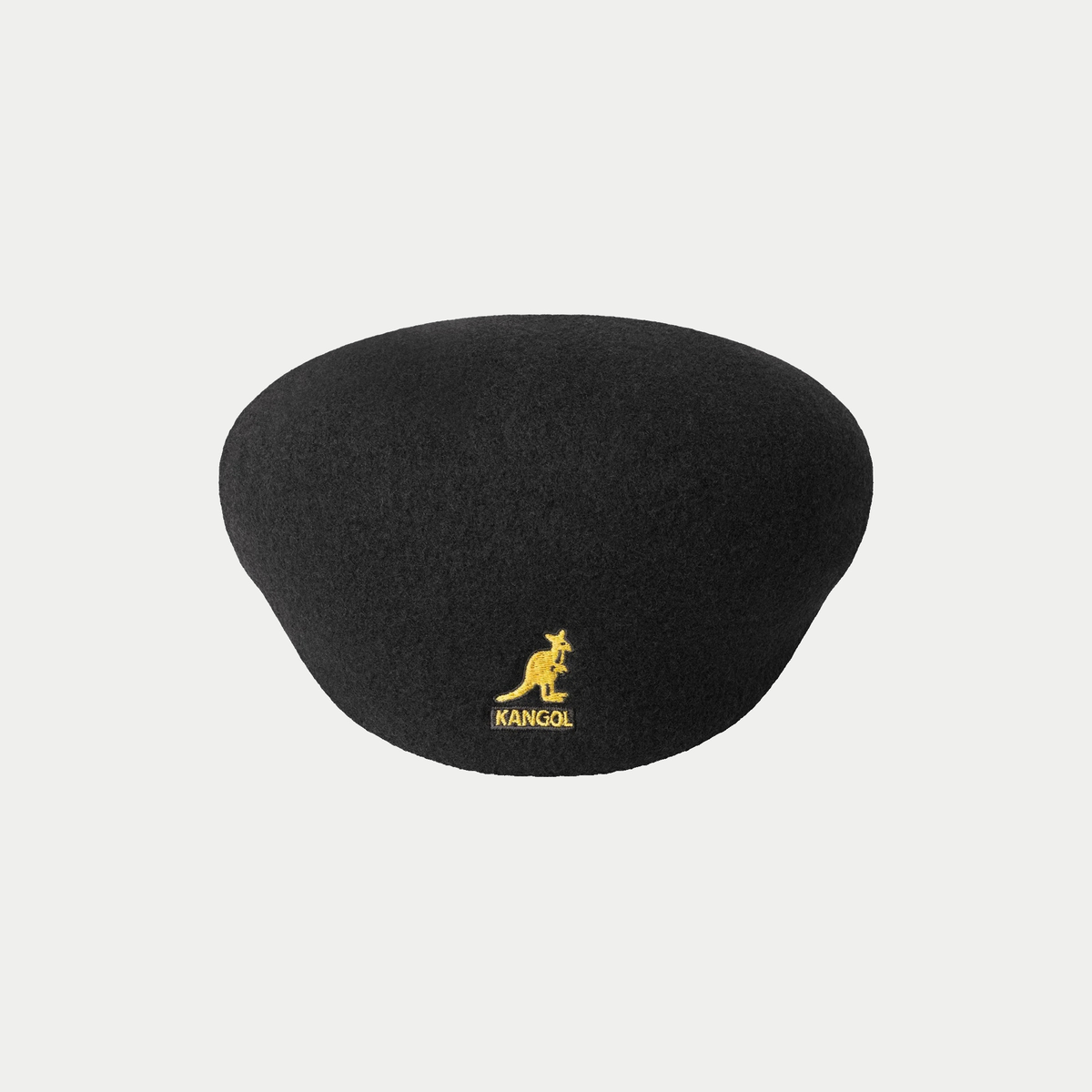 Casquette plate 504 laine Kangol Black & Gold vue de dos, kangourou brodé jaune d’or au centre