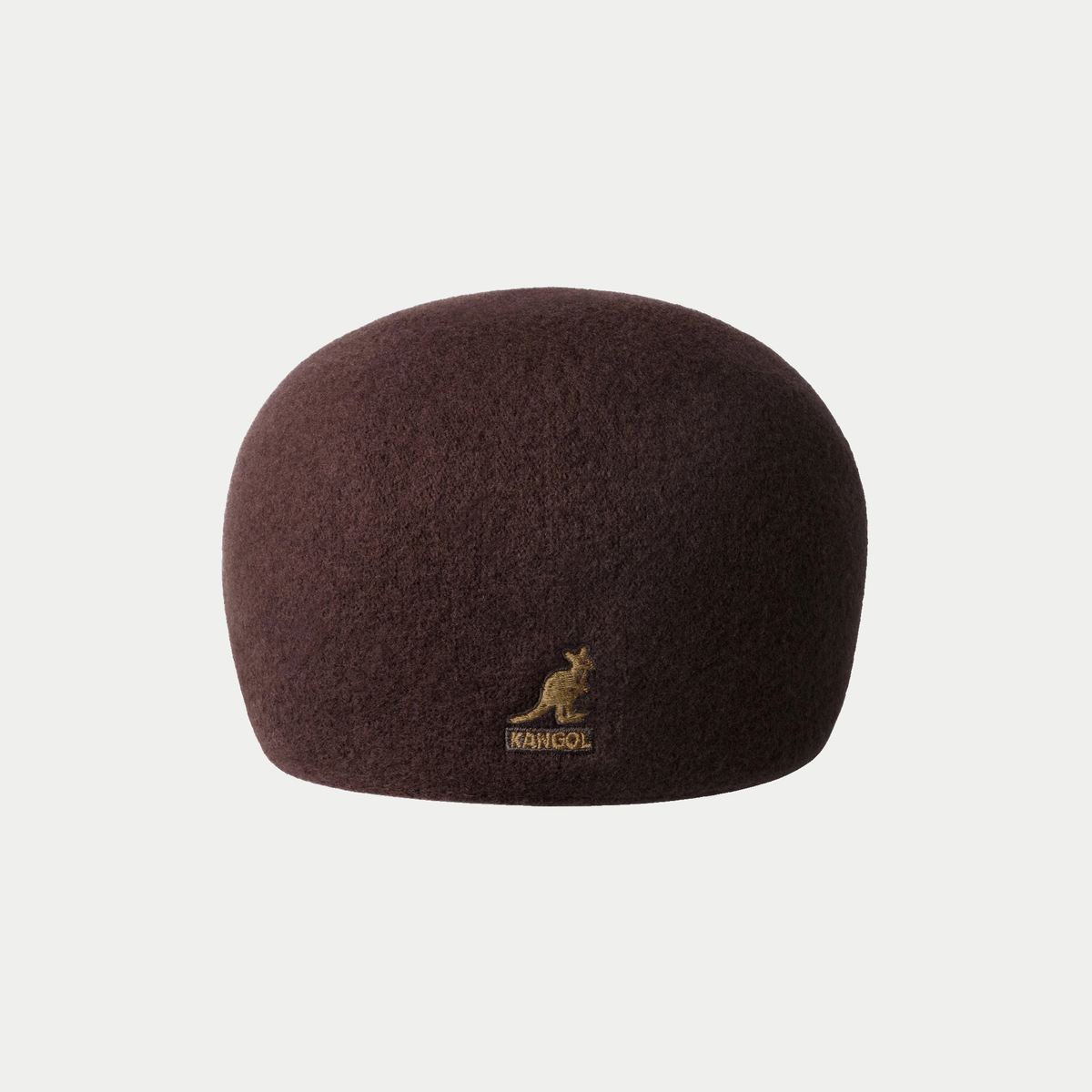 Arrière de la 507 Kangol en laine brun Espresso : calotte haute et kangourou KANGOL brodé ocre doré