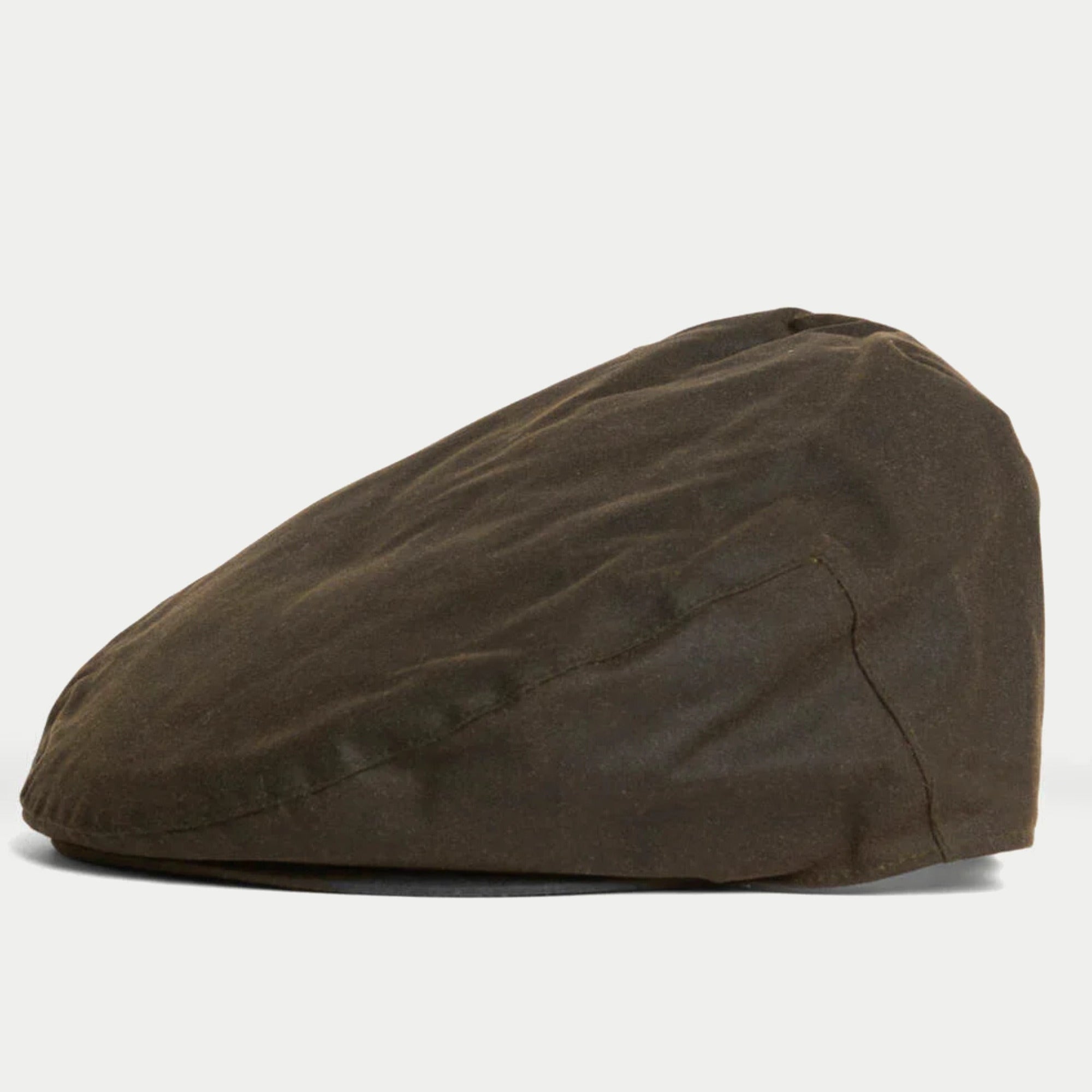 Casquette plate cirée olive Barbour - profil, visière courte en coton ciré