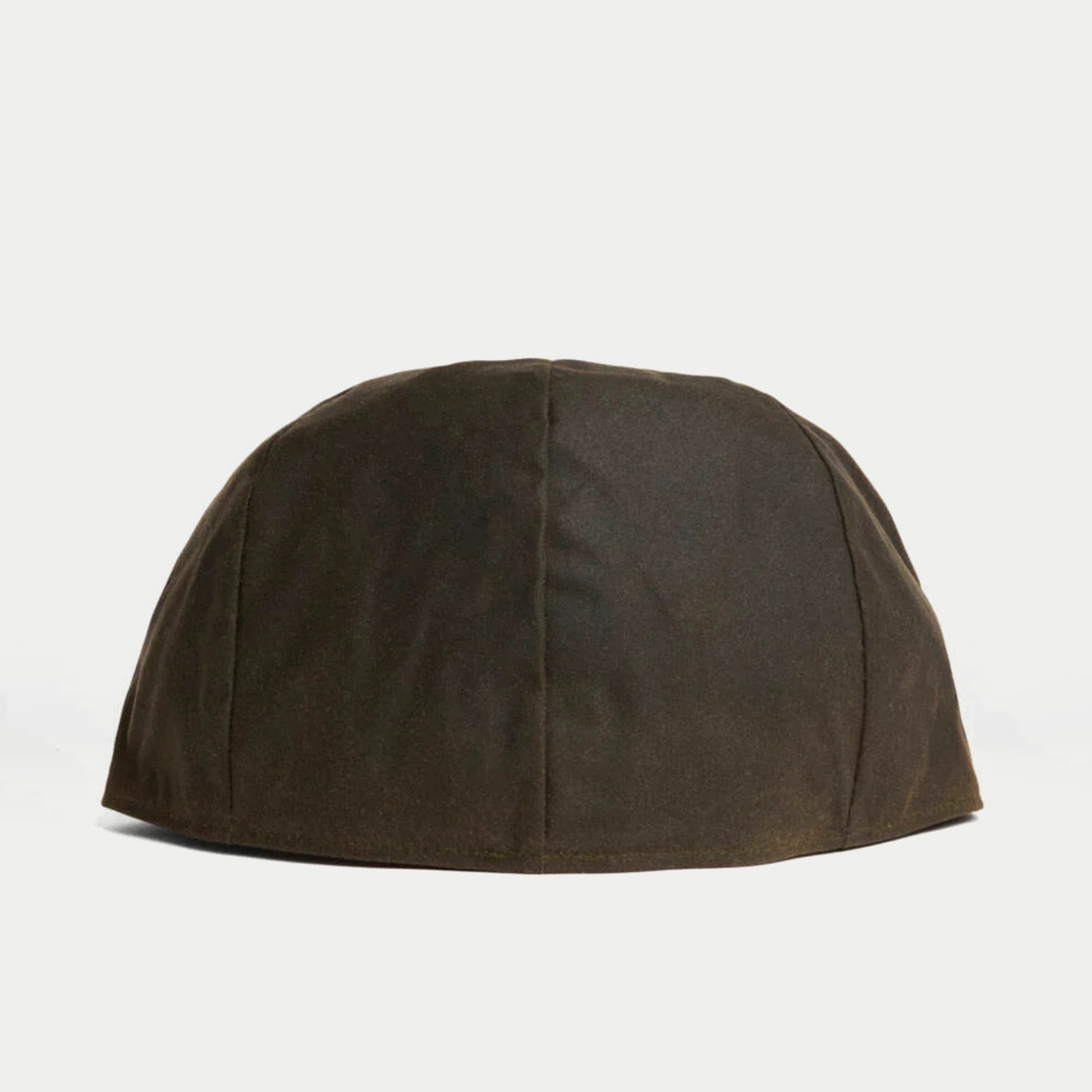Casquette plate cirée olive Barbour - vue de face, calotte à panneaux