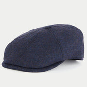 Casquette gavroche bleu marine Barbour - profil trois quarts, laine chinée et calotte à panneaux