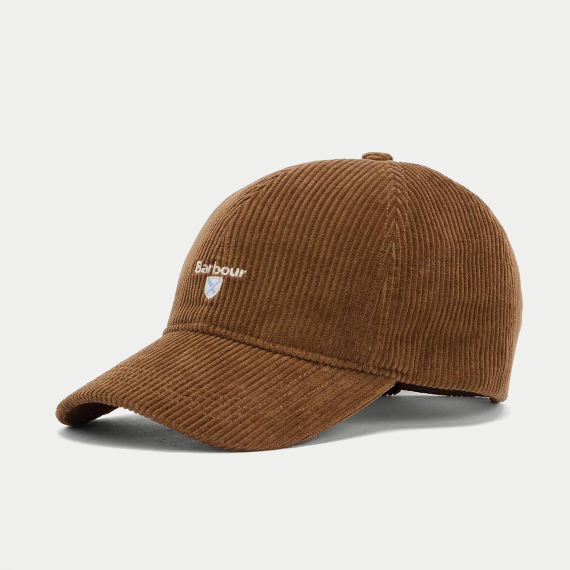 Casquette Preston en velours côtelé camel Barbour - profil, visière incurvée et logo brodé