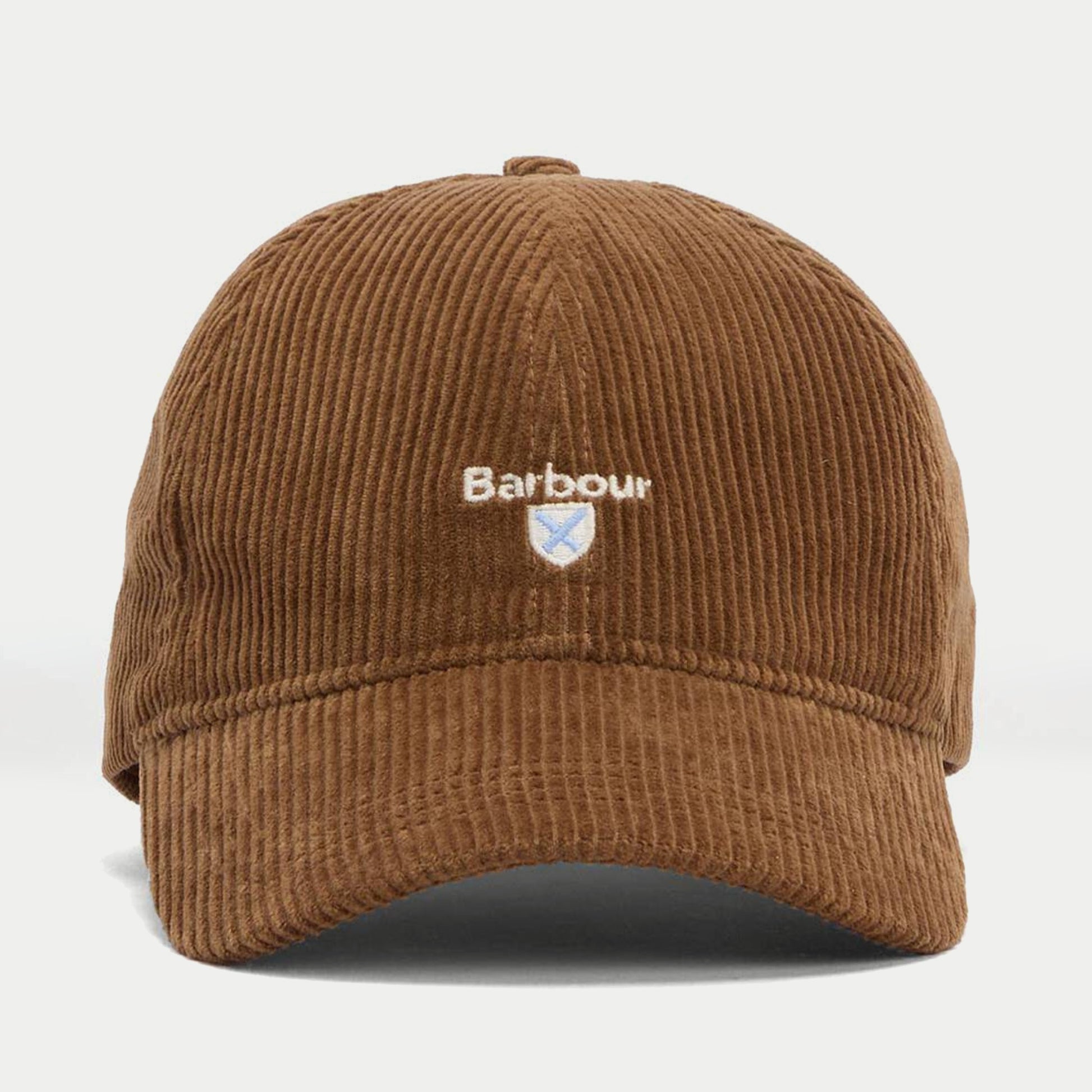 Casquette Preston en velours côtelé camel Barbour - vue de face, écusson Barbour brodé sur le devant