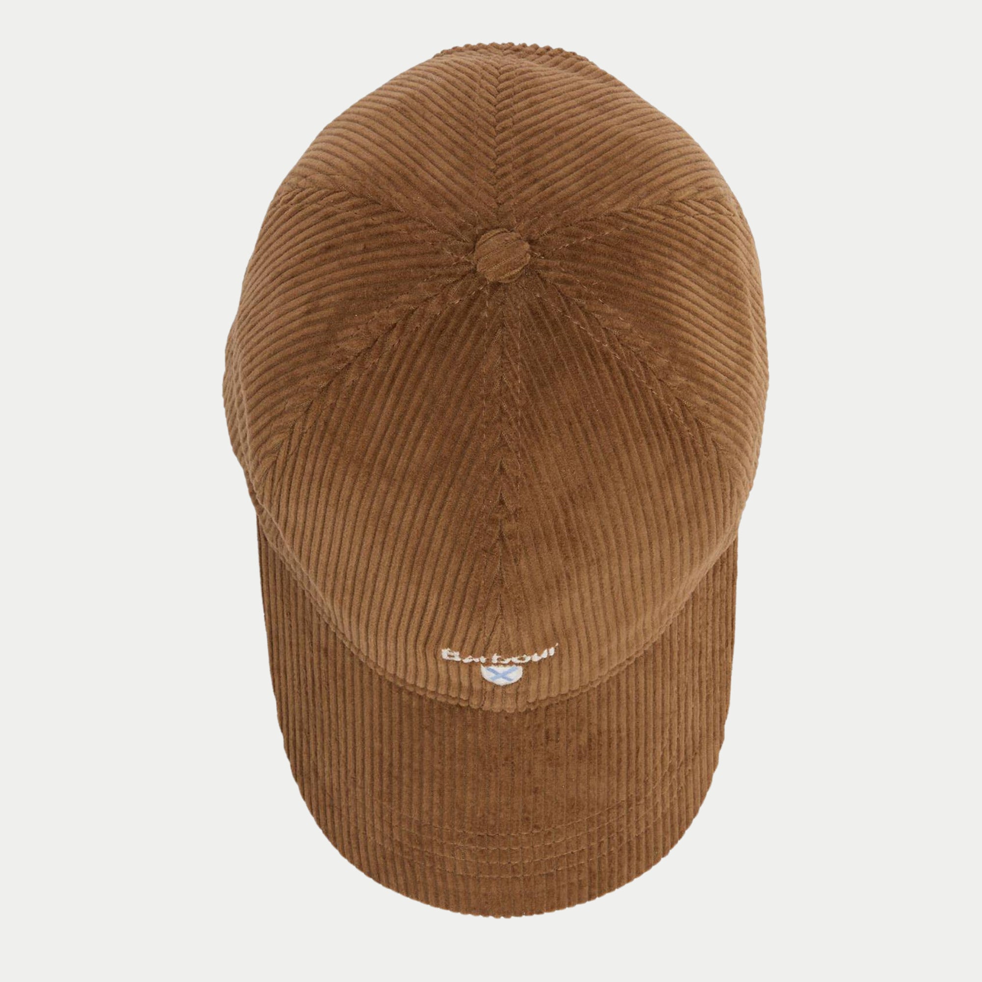 Casquette Preston en velours côtelé camel Barbour - vue de dessus, coutures de la calotte et bouton