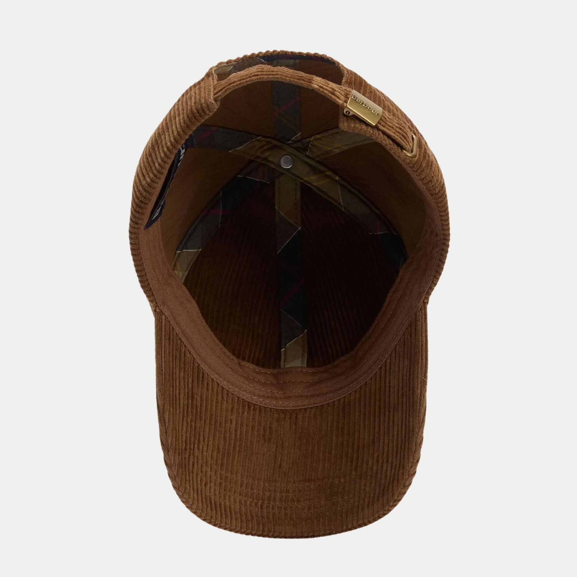 Casquette Preston en velours côtelé camel Barbour - intérieur, doublure tartan sous la calotte