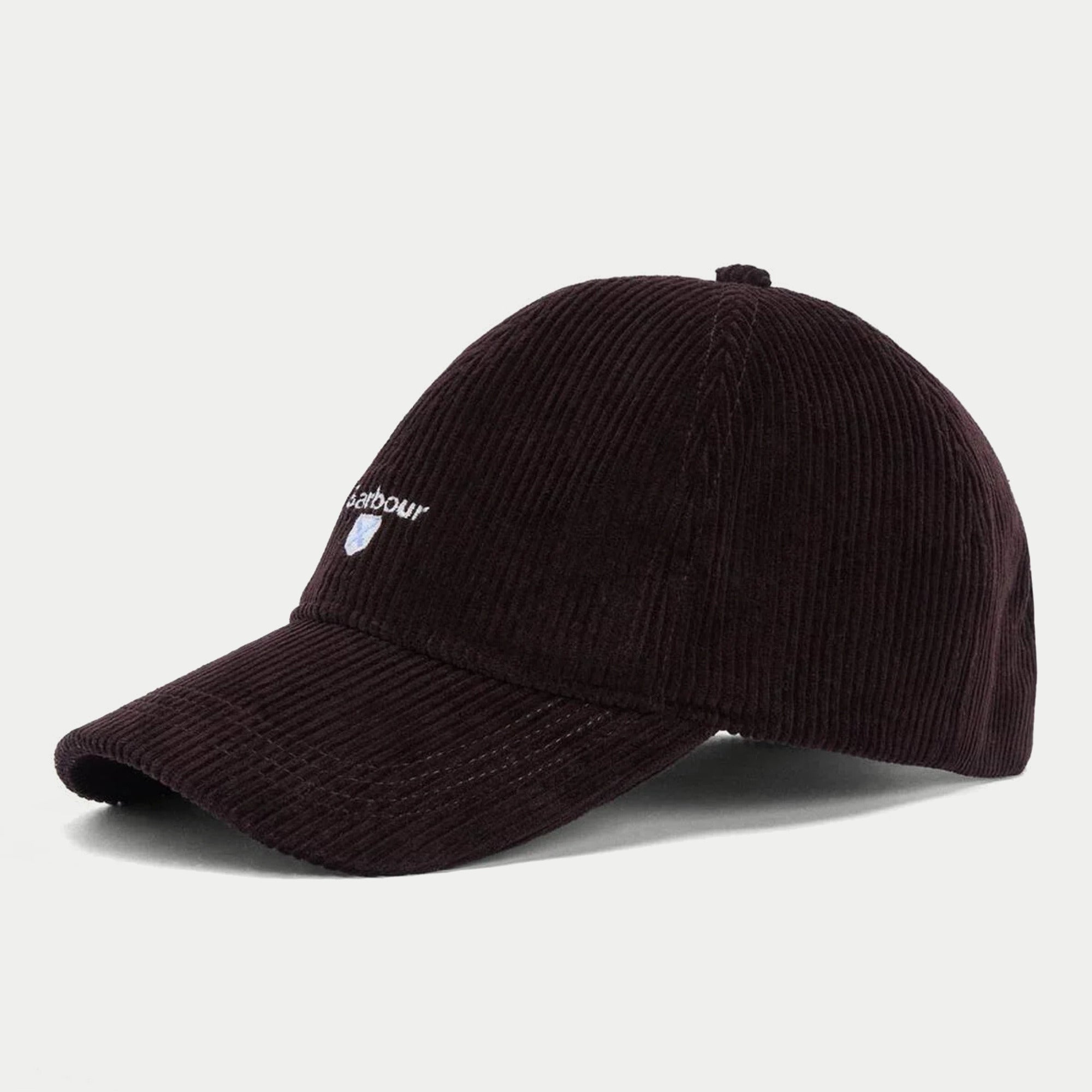 Casquette Preston en velours côtelé aubergine Barbour - profil, visière incurvée et logo brodé