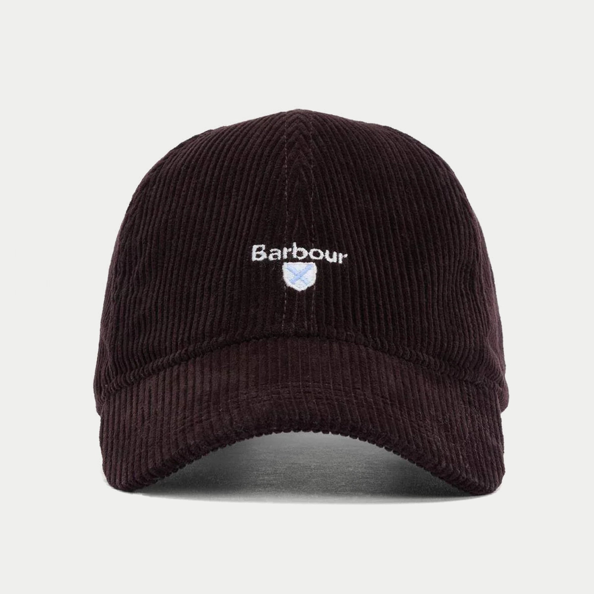 Casquette Preston en velours côtelé aubergine Barbour - vue de face, écusson Barbour brodé sur le devant