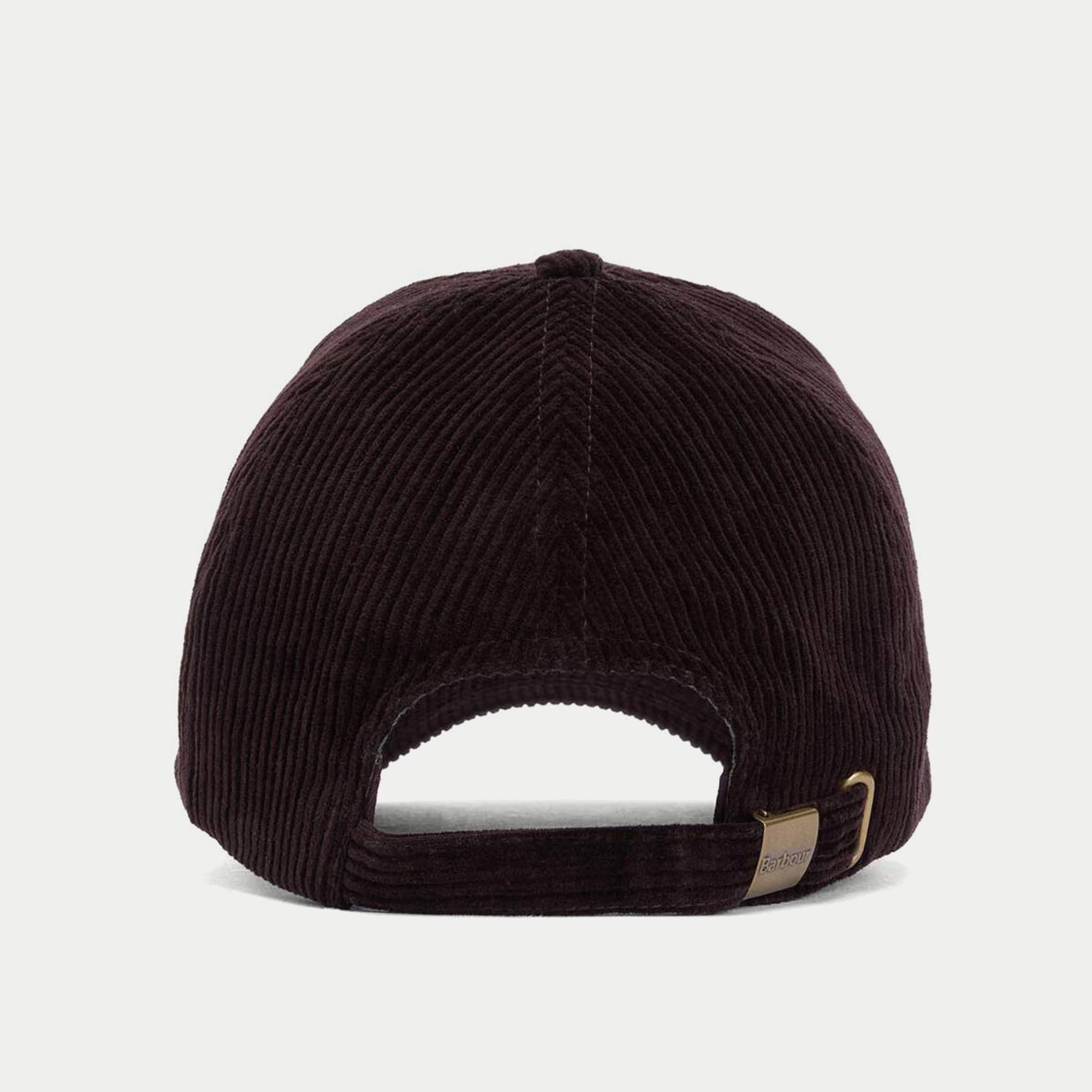 Casquette Preston en velours côtelé aubergine Barbour - vue de dos, sangle de réglage et boucle laiton