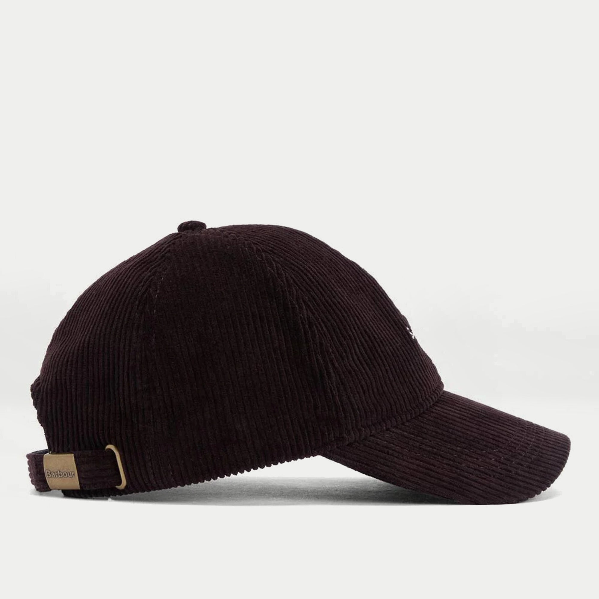 Casquette Preston en velours côtelé aubergine Barbour - profil arrière, sangle et patte de serrage