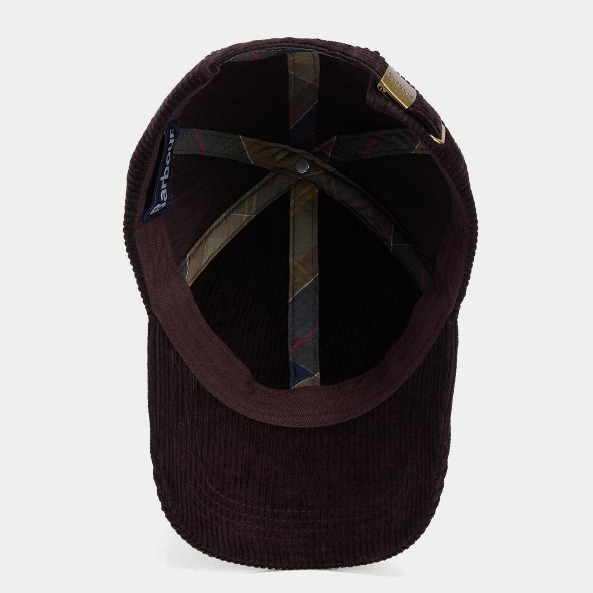 Casquette Preston en velours côtelé aubergine Barbour - intérieur, doublure tartan et croisillon de calotte