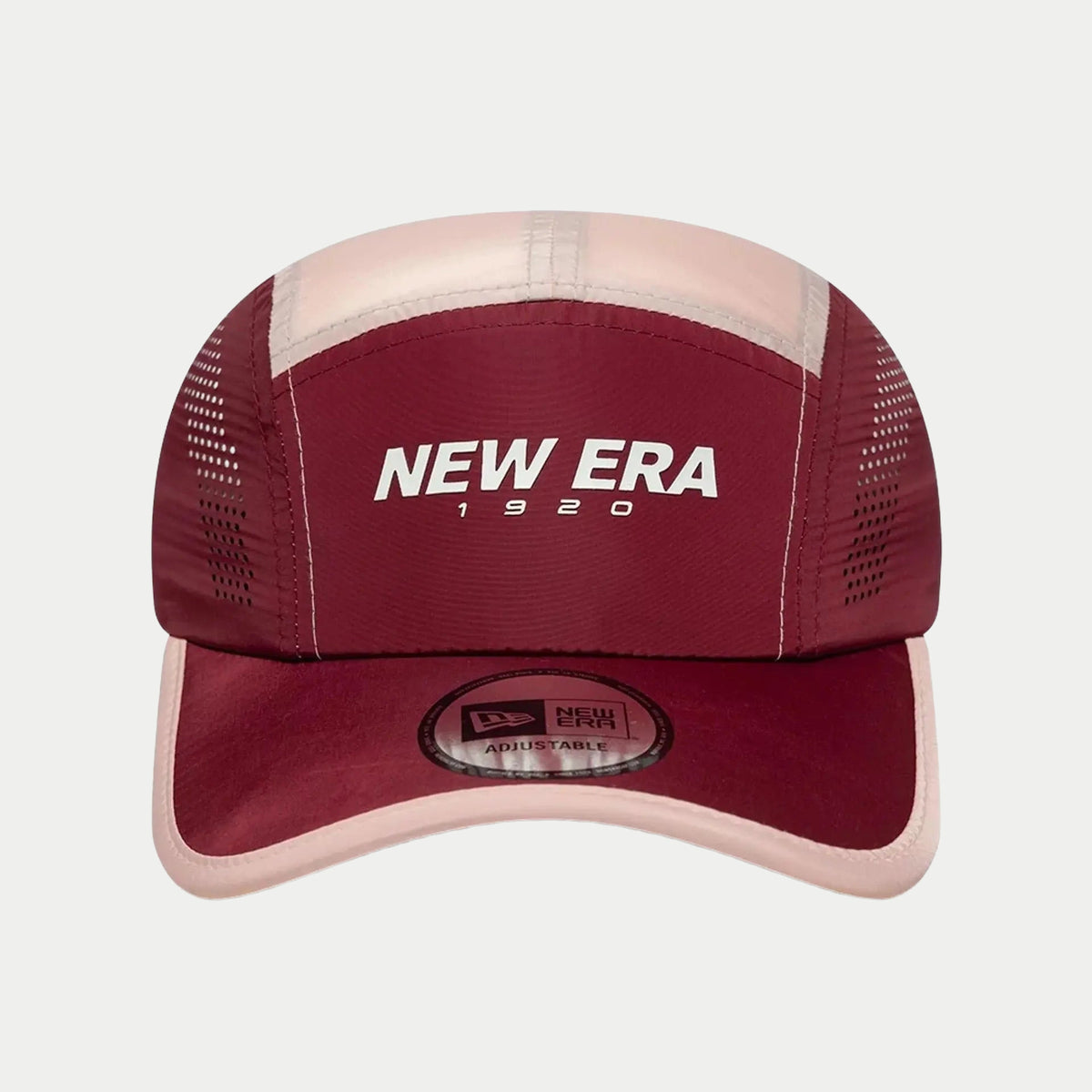 Casquette Runner New Era rouge foncé de face, panneaux hauts rose pâle