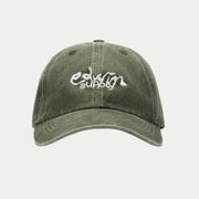 Casquette 6 panneaux en toile délavée vert olive, logo edwin supply brodé blanc, vue de face