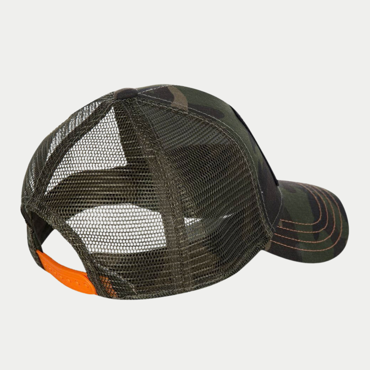 Arrière de la casquette trucker camouflage Von Dutch : filet kaki et fermeture snapback orange