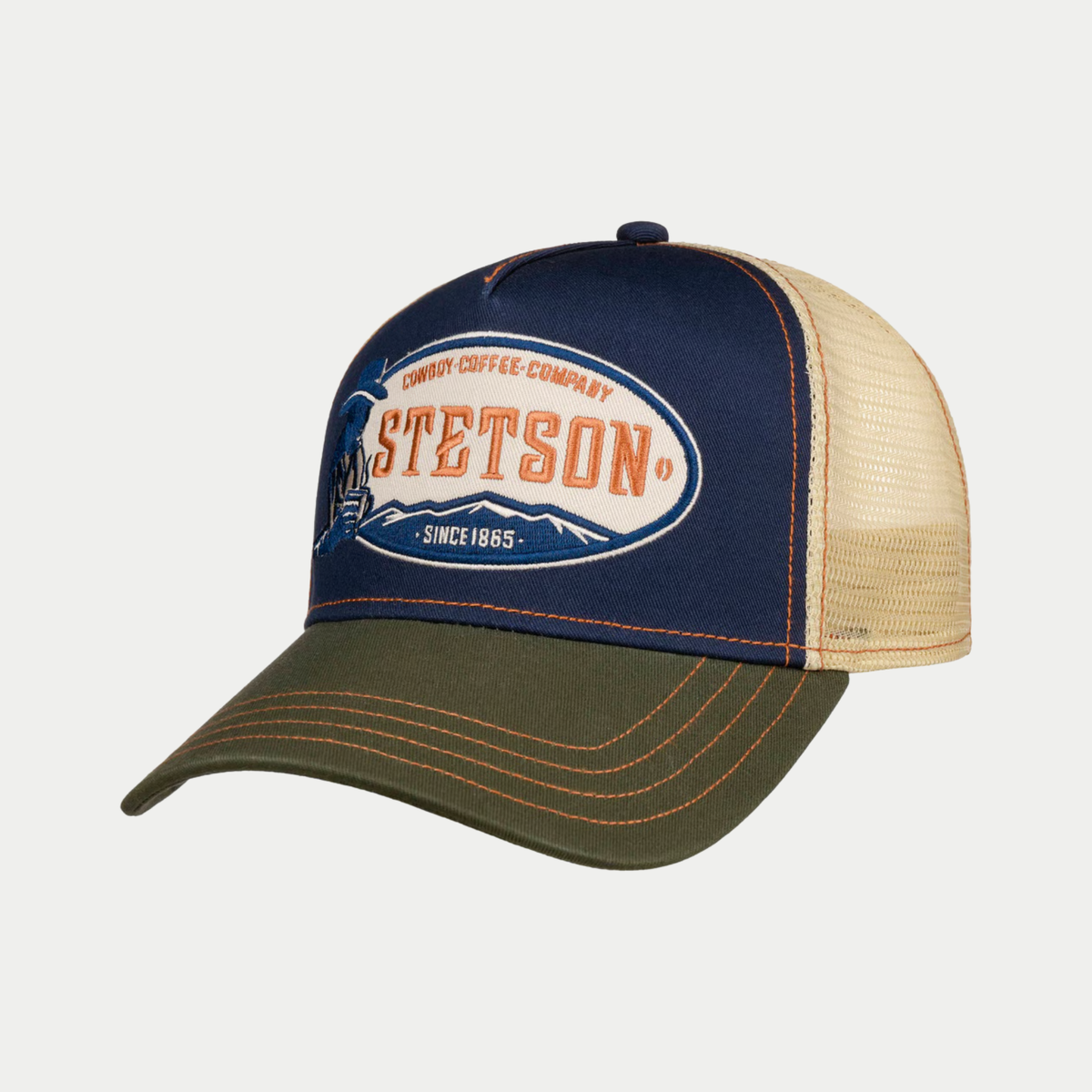 Casquette trucker Cowboy Coffee Company Stetson bleu marine de trois quarts, écusson ovale brodé, visière olive et filet crème