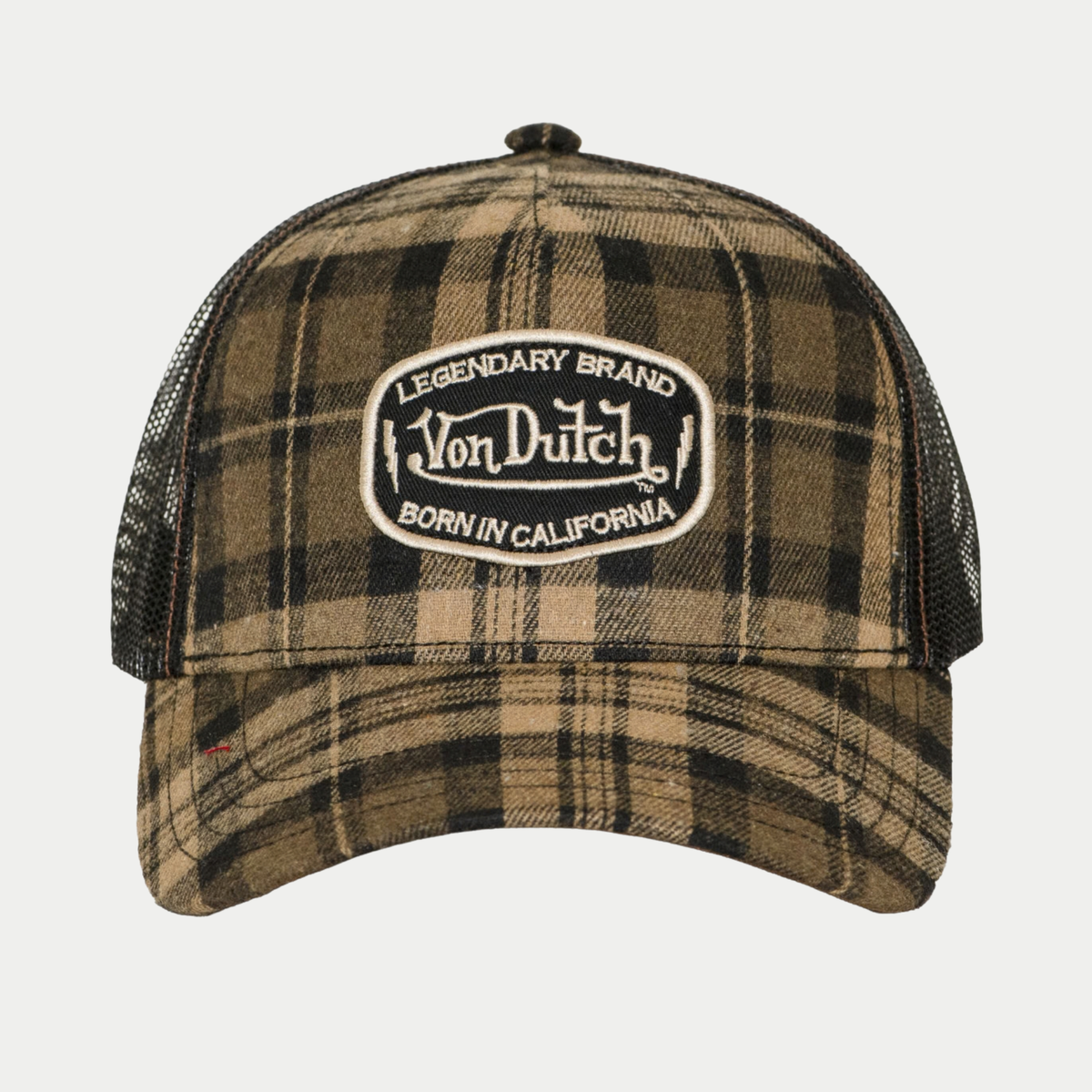 Casquette trucker Embroidery à carreaux marron Von Dutch - vue de face, écusson Legendary Brand