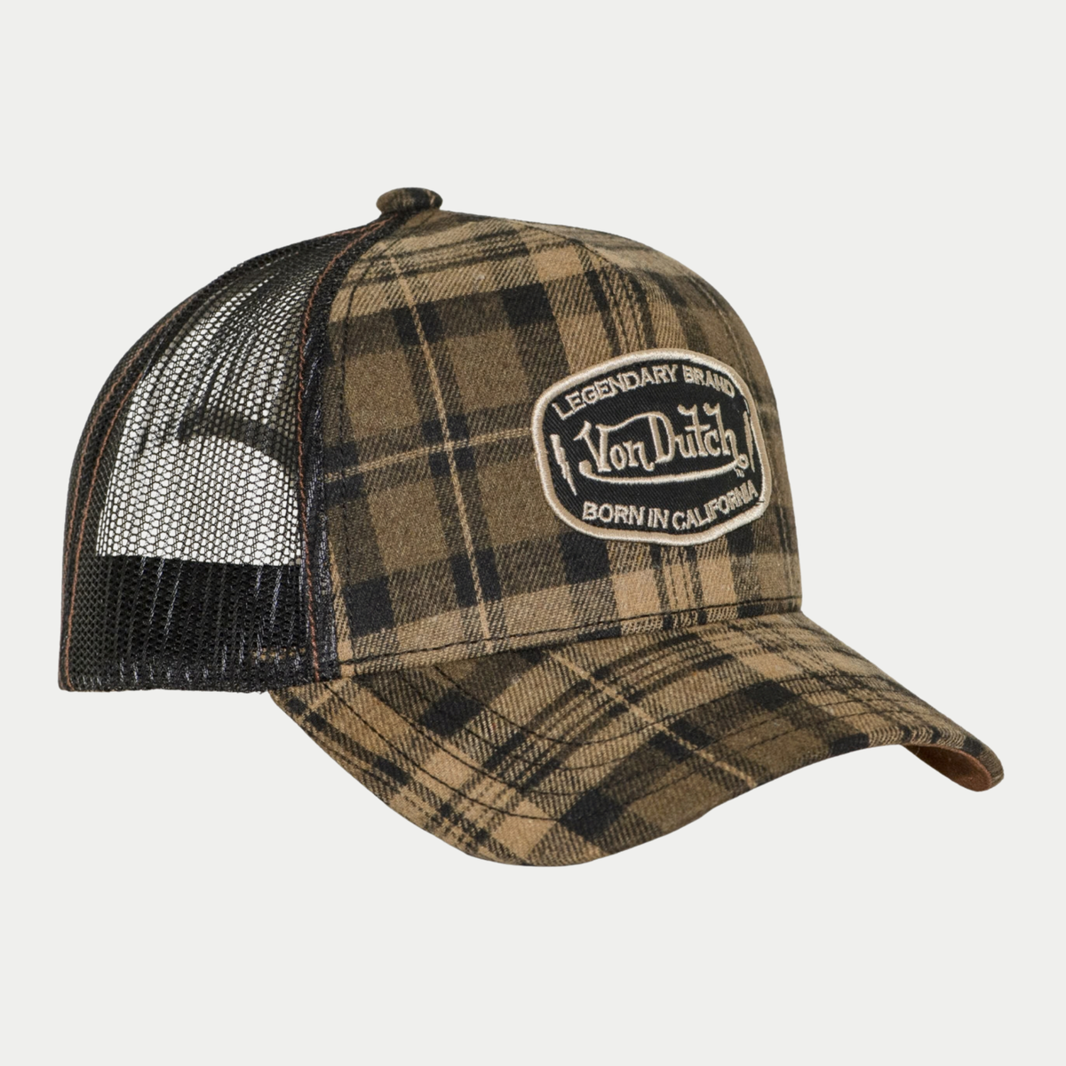 Casquette trucker Embroidery à carreaux marron Von Dutch - profil, filet noir et visière à carreaux