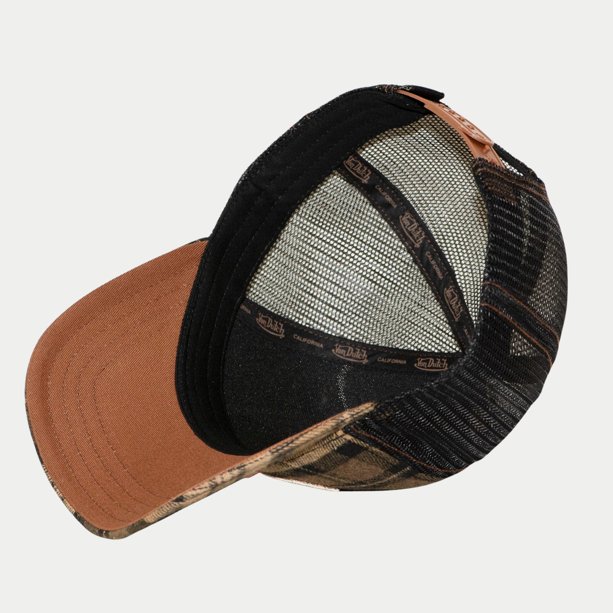 Casquette trucker Embroidery à carreaux marron Von Dutch - intérieur, dessous de visière camel et ruban siglé