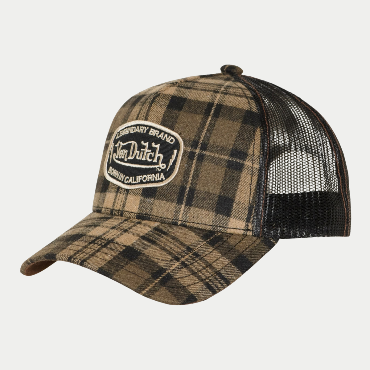 Casquette trucker Embroidery à carreaux marron Von Dutch - vue trois-quarts, filet noir