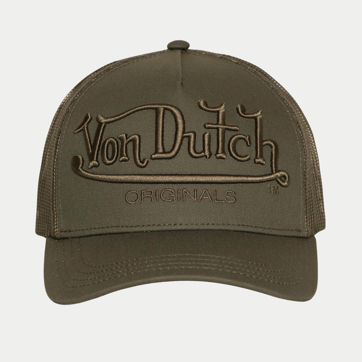 Casquette trucker Von Dutch kaki vue de face, broderie 3D Von Dutch Originals sur le panneau avant