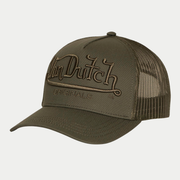 Casquette trucker Embroidery kaki Von Dutch de trois quarts, côté opposé, filet kaki et visière arrondie