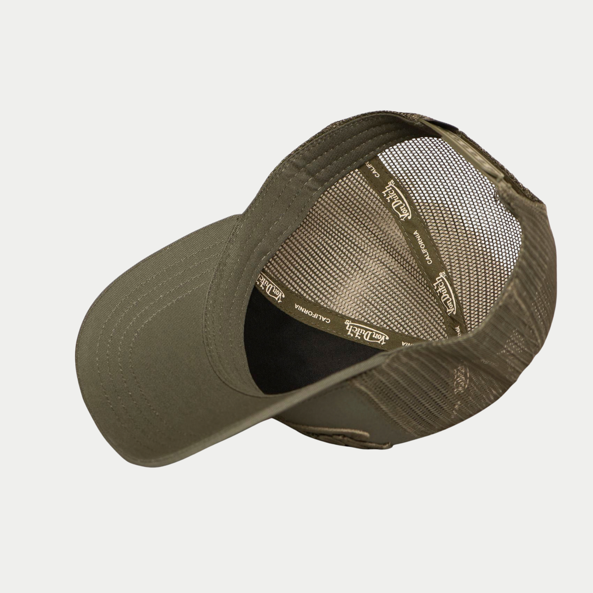 Intérieur de la casquette trucker Von Dutch kaki, bande de propreté imprimée Von Dutch California