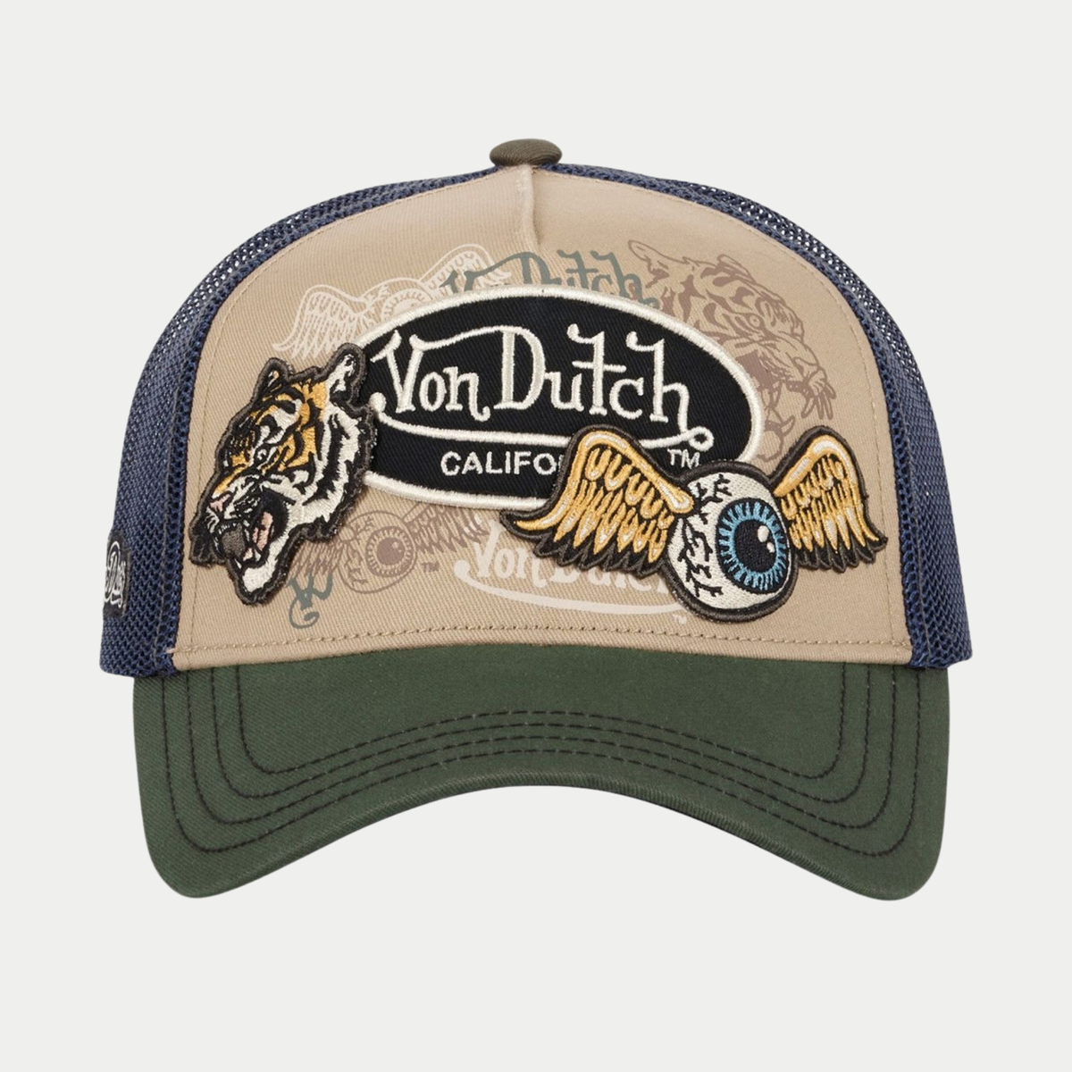 Casquette trucker Patches beige et kaki Von Dutch - vue de face, patchs tigre et œil ailé