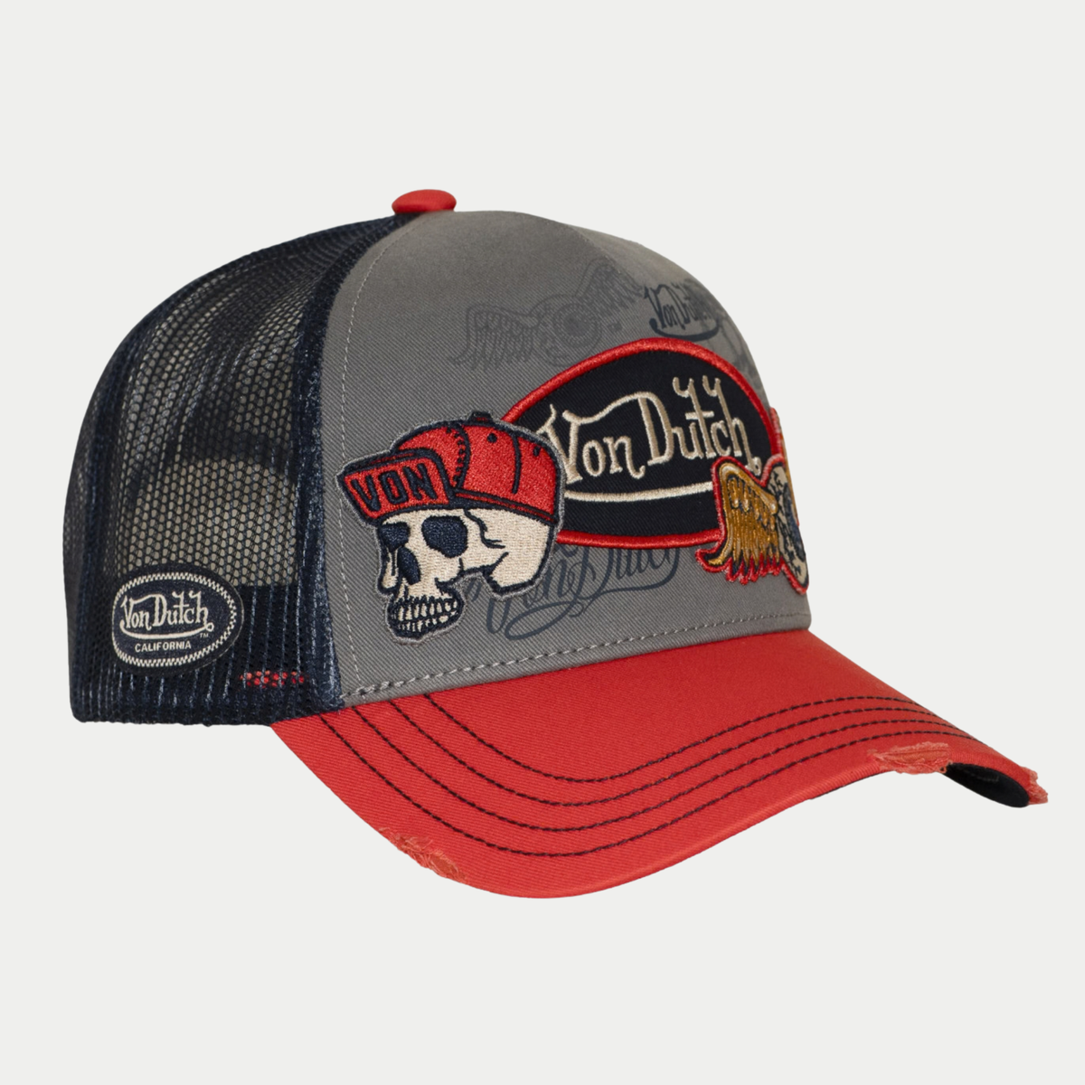 Casquette trucker Patches grise et rouge Von Dutch - profil, filet bleu marine et badge California