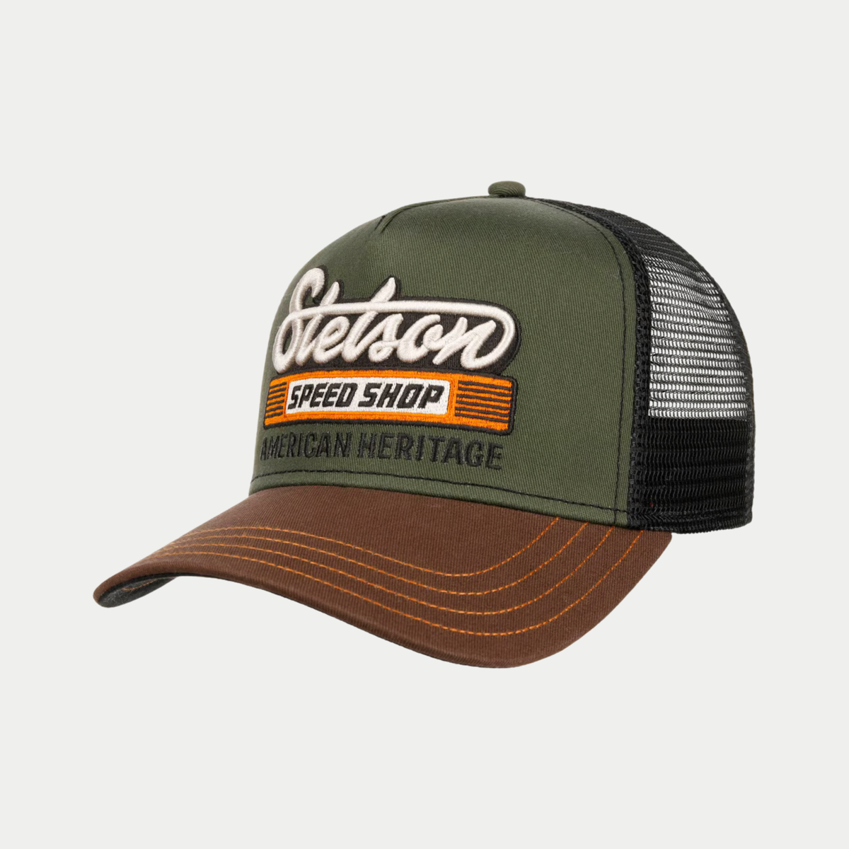 Casquette trucker Speed Shop Stetson de trois quarts : devant olive brodé, visière marron et filet noir