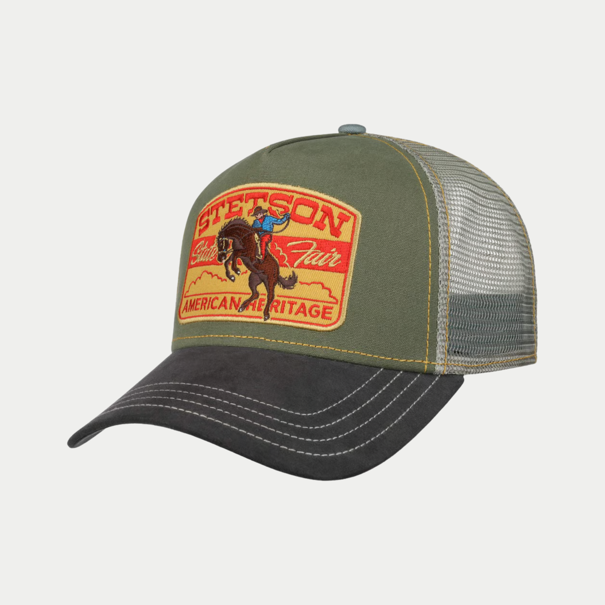 Casquette trucker State Fair Stetson olive de trois quarts, écusson rodéo American Heritage et visière anthracite
