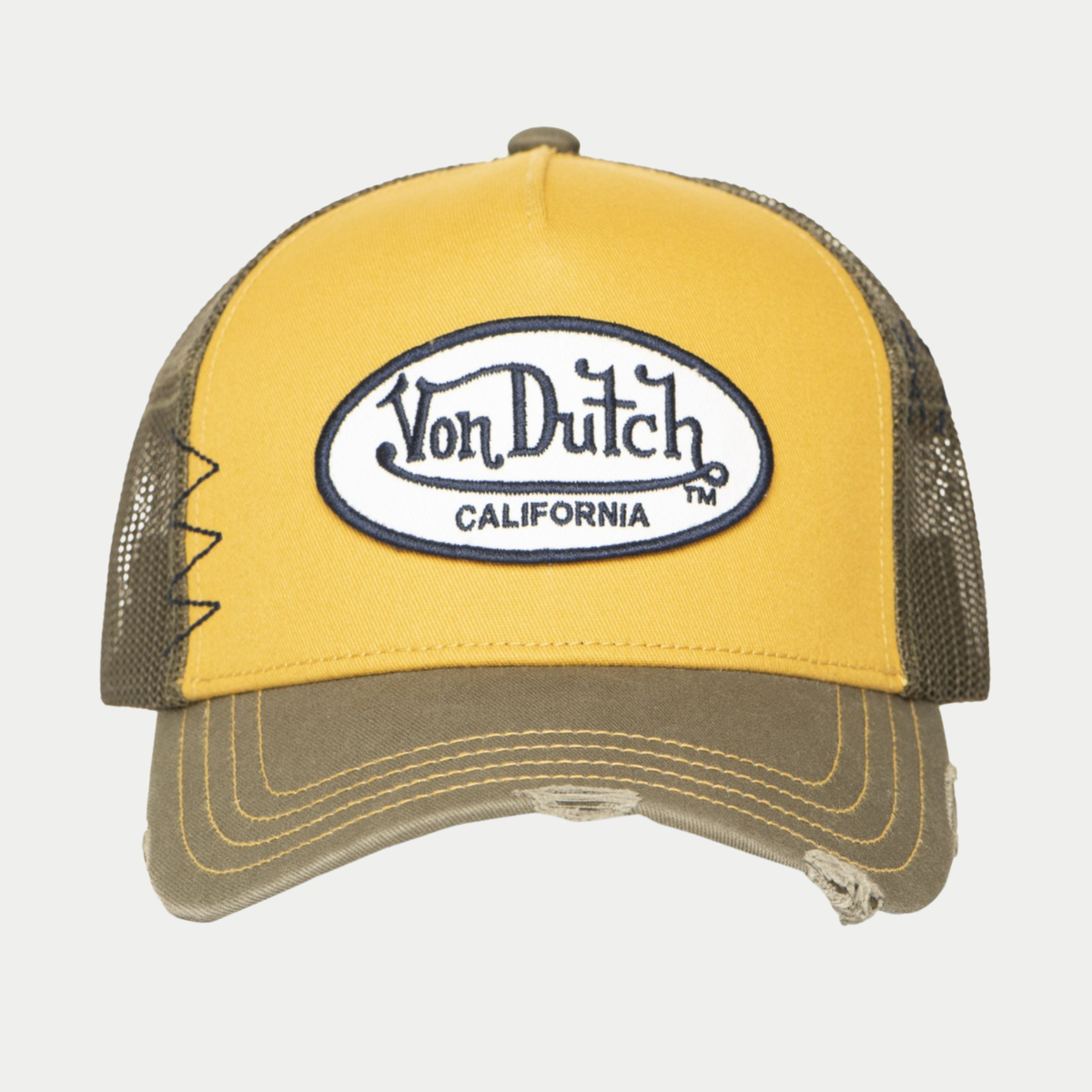 Casquette Von Dutch Used moutarde de face, visière kaki effet usé à surpiqûres moutarde