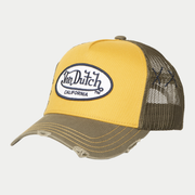 Casquette trucker Von Dutch Used moutarde et kaki de trois quarts, écusson ovale California brodé