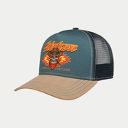 Casquette trucker Western Skull Stetson bleu pétrole de trois quarts, crâne de cowboy brodé et visière effet suédine sable