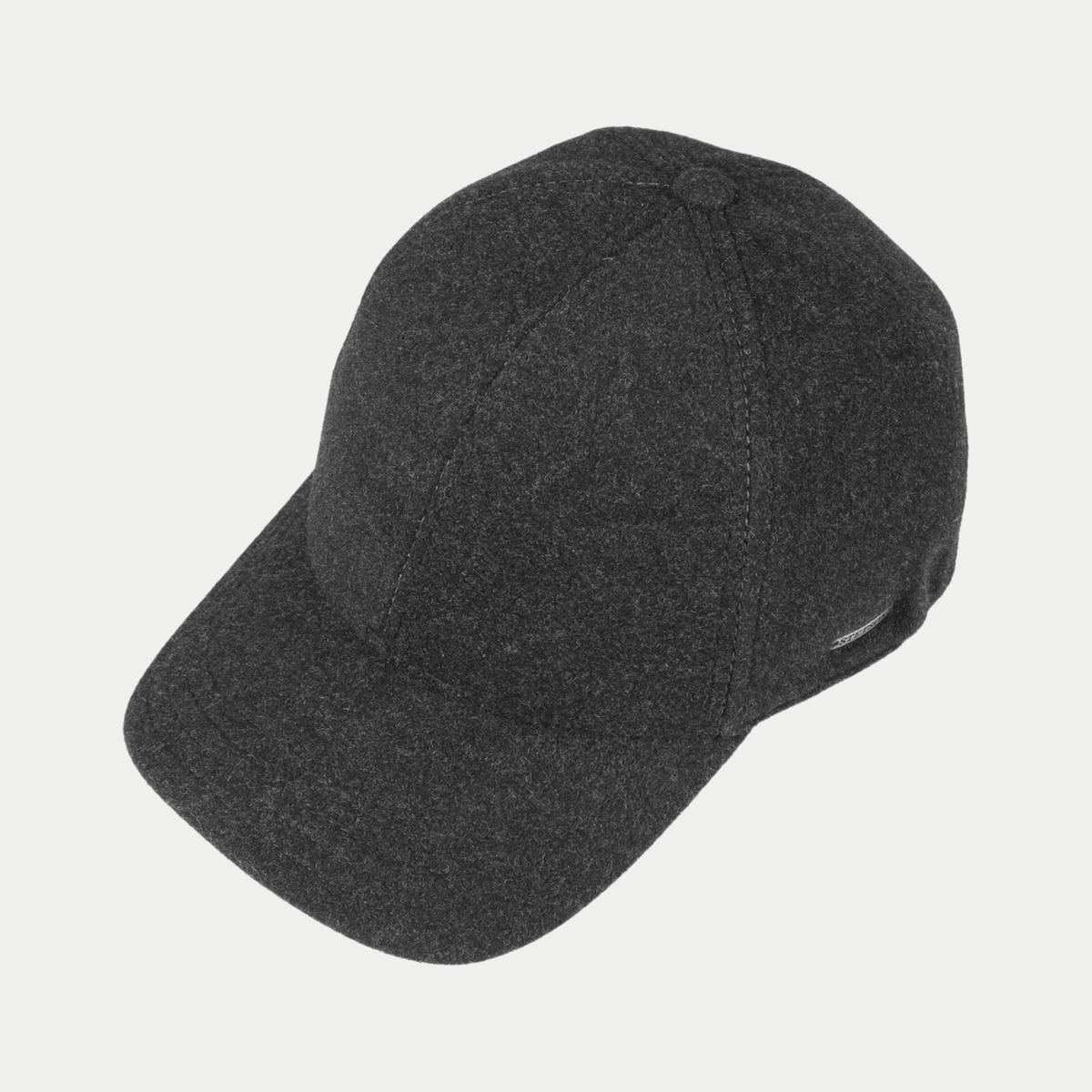 Casquette Vaby gris anthracite vue de dessus : six pans surpiqués, bouton au sommet et visière en laine chinée
