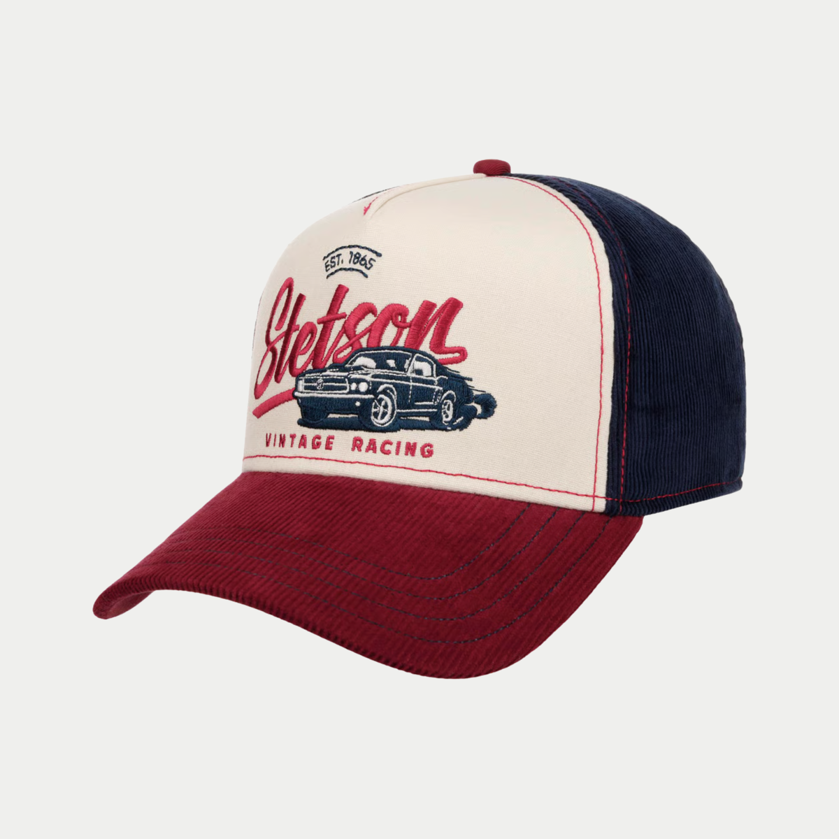 Casquette Vintage Racing Stetson de trois quarts : devant écru brodé, visière bordeaux et arrière bleu marine en velours côtelé