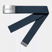 Ceinture Clip Belt en sangle de toile tissée bleu ardoise, boucle plaque chromée brossée et embout métal