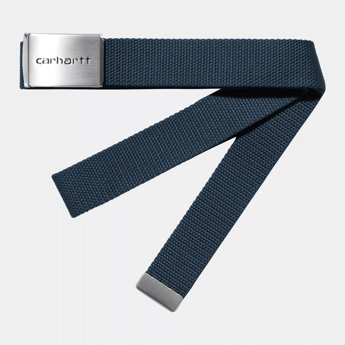 Ceinture Clip Belt en sangle de toile tissée bleu ardoise, boucle plaque chromée brossée et embout métal