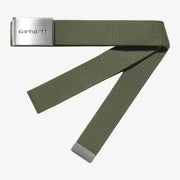 Ceinture Clip Belt en toile vert kaki militaire Leaf, sangle repliée, boucle rectangulaire argentée et embout métal