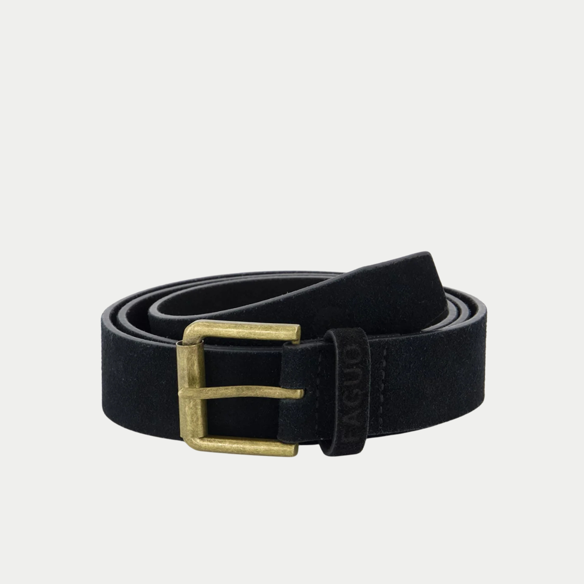 Ceinture Faguo en cuir suédé noir enroulée, boucle carrée à ardillon en laiton vieilli et passant gravé FAGUO
