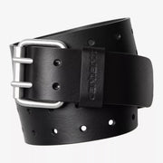 Ceinture Double Script noire enroulée : cuir lisse noir, boucle rouleau à double ardillon, double rang d'œillets