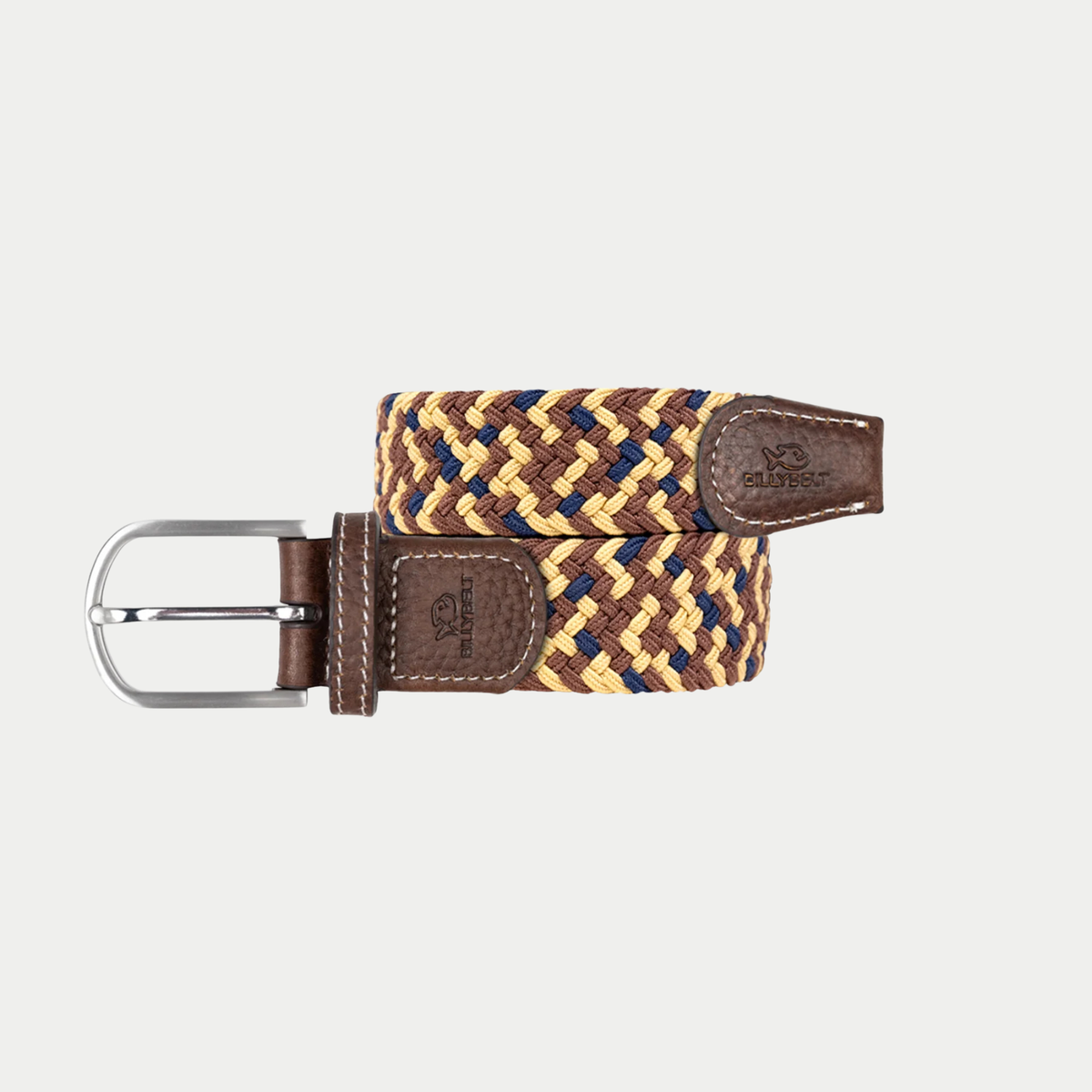 Ceinture tressée BillyBelt Aurore marron, jaune et bleu marine enroulée, boucle argentée et embouts en cuir marron