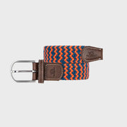 Ceinture Cambridge enroulée : zigzags orange vif et bleu pétrole, boucle argent poli et embouts de cuir brun