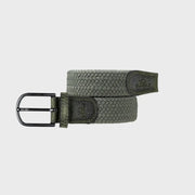 Ceinture Dark Forest enroulée : tresse élastique vert sauge grisé, boucle noire mate et embouts de cuir kaki