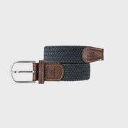 Ceinture tressée Gris Flanelle enroulée : tressage uni gris ardoise très foncé, boucle argentée et embouts marron
