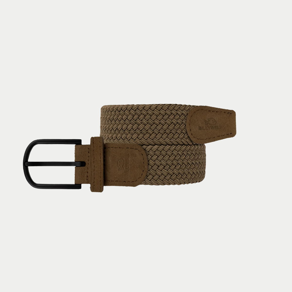 Ceinture tressée Marron Cacao enroulée : tresse élastique brun tabac, embouts en cuir suédé marron et boucle noire mate