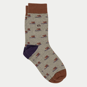 Chaussettes Animaux Hérisson BillyBelt à fines rayures kaki, hérissons sur luge, revers marron et talon violet, paire à plat